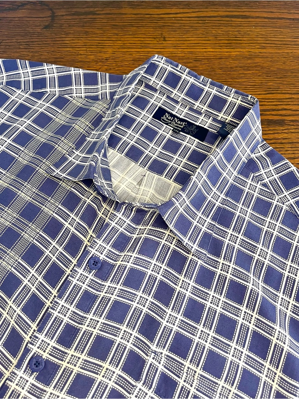Nat Nast Shirt XXL Men Blue Check Silk Short Sleeve Button Down Bowling Top